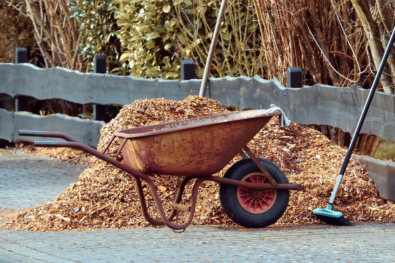 Immagine di pacciamatura in un giardino, con materiali naturali che coprono il terreno per migliorare la crescita delle piante.