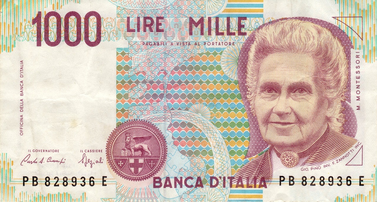 Mille Lire con Maria Montessori: banconota vintage da collezione in primo piano.